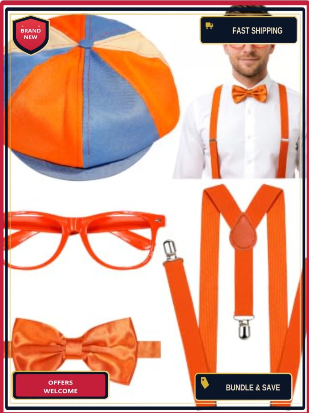 4PCS Halloween Costume Accessories Set Adults Hat Suspender Bow Tie Glasses